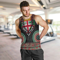 Fiji Coat of Arms Traditional Dashiki Men Tank Top Tapa Art and Palm Leaves Pattern Black Color LT03 Black - Polynesian Pride