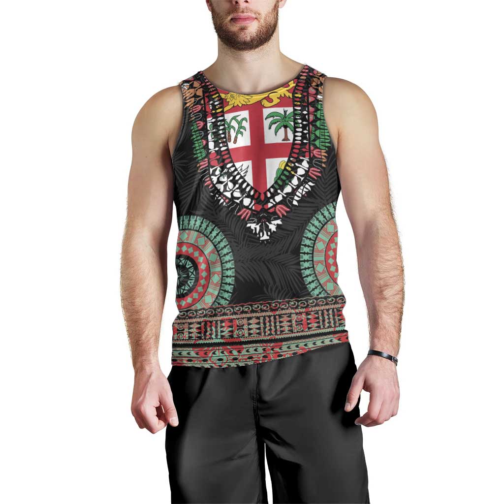 Fiji Coat of Arms Traditional Dashiki Men Tank Top Tapa Art and Palm Leaves Pattern Black Color LT03 - Polynesian Pride
