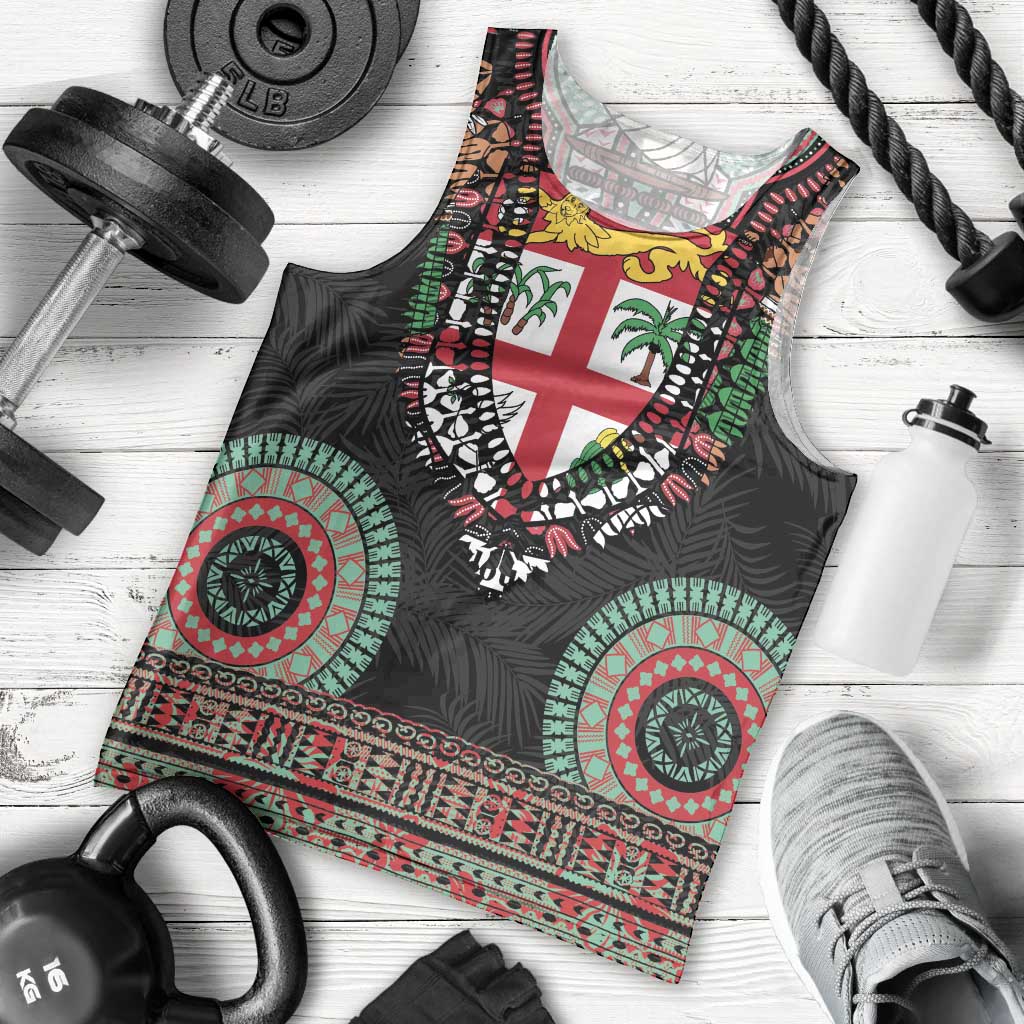 Fiji Coat of Arms Traditional Dashiki Men Tank Top Tapa Art and Palm Leaves Pattern Black Color LT03 - Polynesian Pride