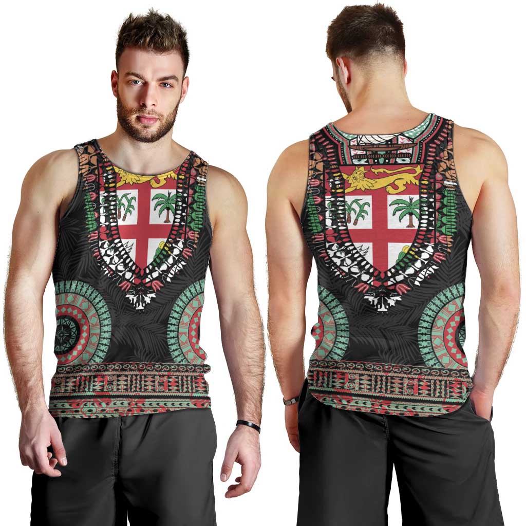 Fiji Coat of Arms Traditional Dashiki Men Tank Top Tapa Art and Palm Leaves Pattern Black Color LT03 - Polynesian Pride