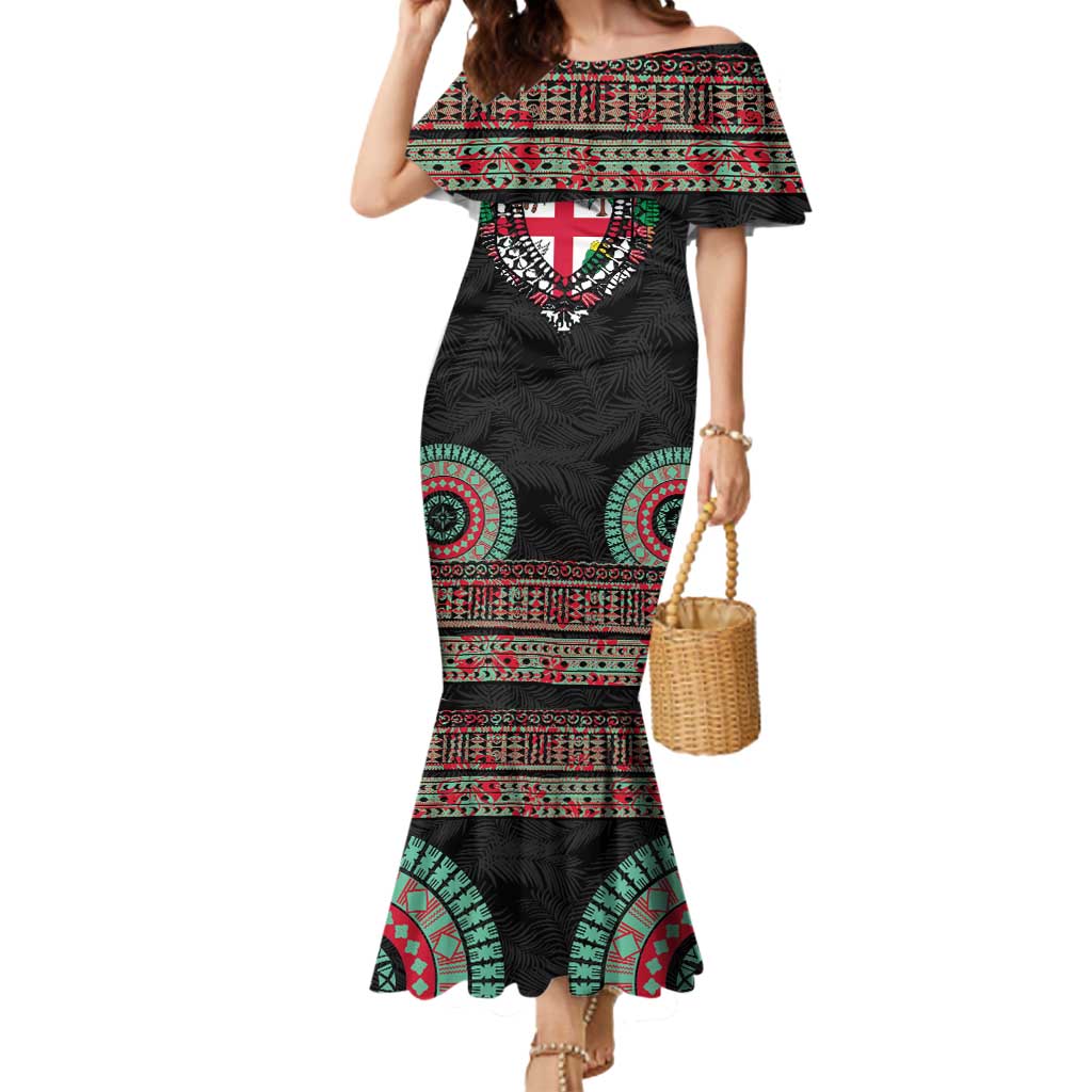 Fiji Coat of Arms Traditional Dashiki Mermaid Dress Tapa Art and Palm Leaves Pattern Black Color LT03 Women Black - Polynesian Pride