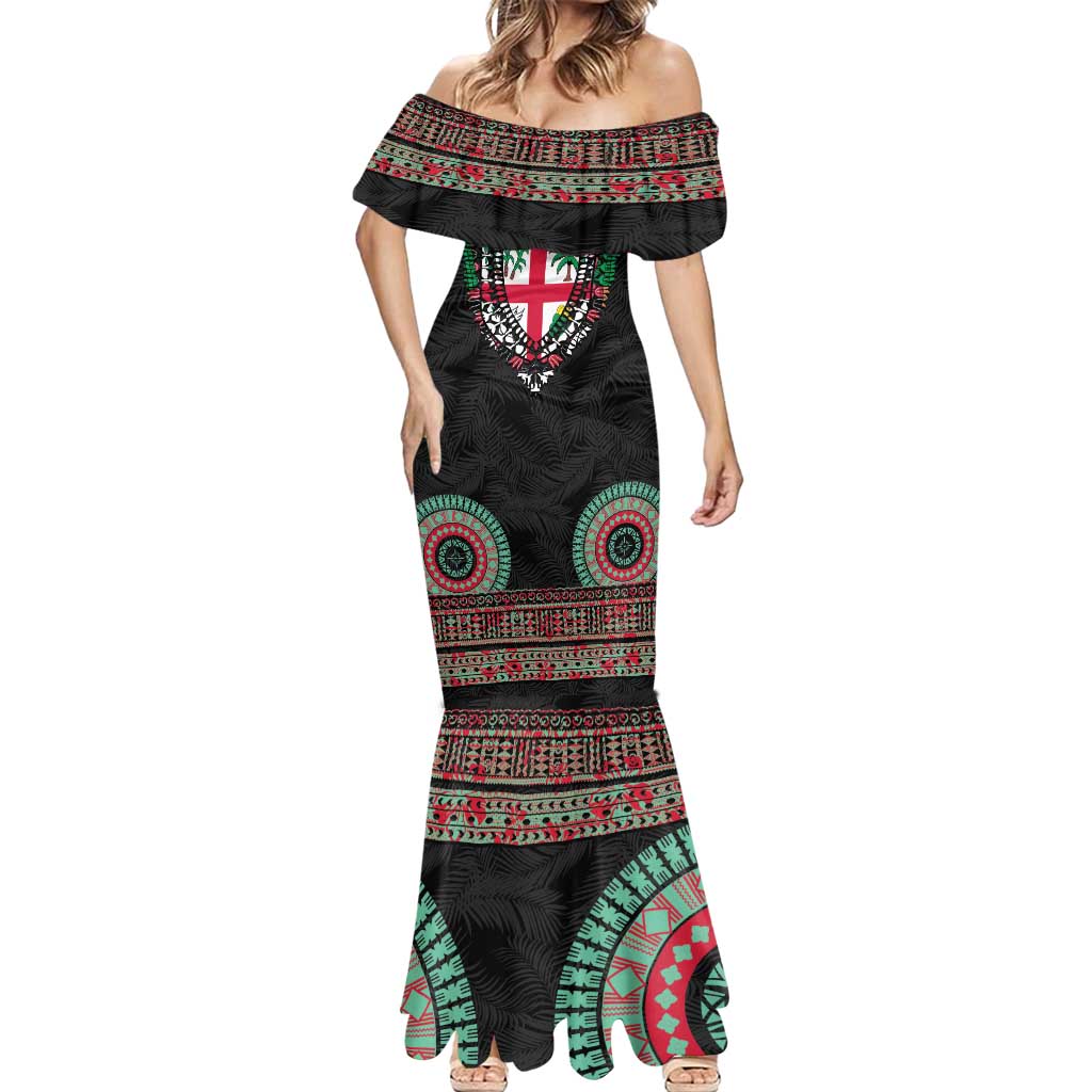 Fiji Coat of Arms Traditional Dashiki Mermaid Dress Tapa Art and Palm Leaves Pattern Black Color LT03 - Polynesian Pride