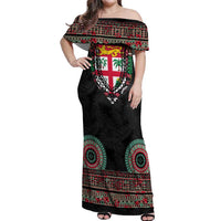 Fiji Coat of Arms Traditional Dashiki Off Shoulder Maxi Dress Tapa Art and Palm Leaves Pattern Black Color LT03 Women Black - Polynesian Pride