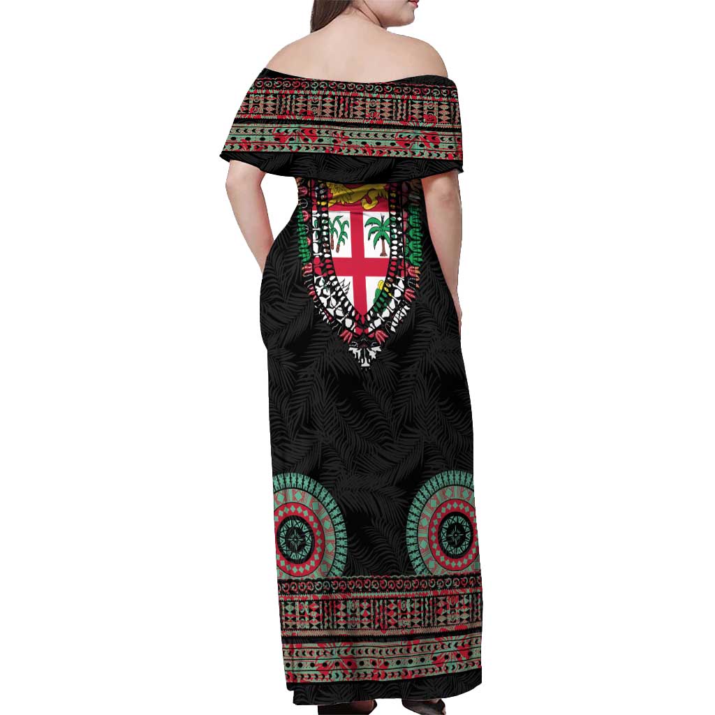 Fiji Coat of Arms Traditional Dashiki Off Shoulder Maxi Dress Tapa Art and Palm Leaves Pattern Black Color LT03 - Polynesian Pride