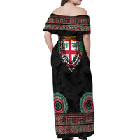 Fiji Coat of Arms Traditional Dashiki Off Shoulder Maxi Dress Tapa Art and Palm Leaves Pattern Black Color LT03 - Polynesian Pride