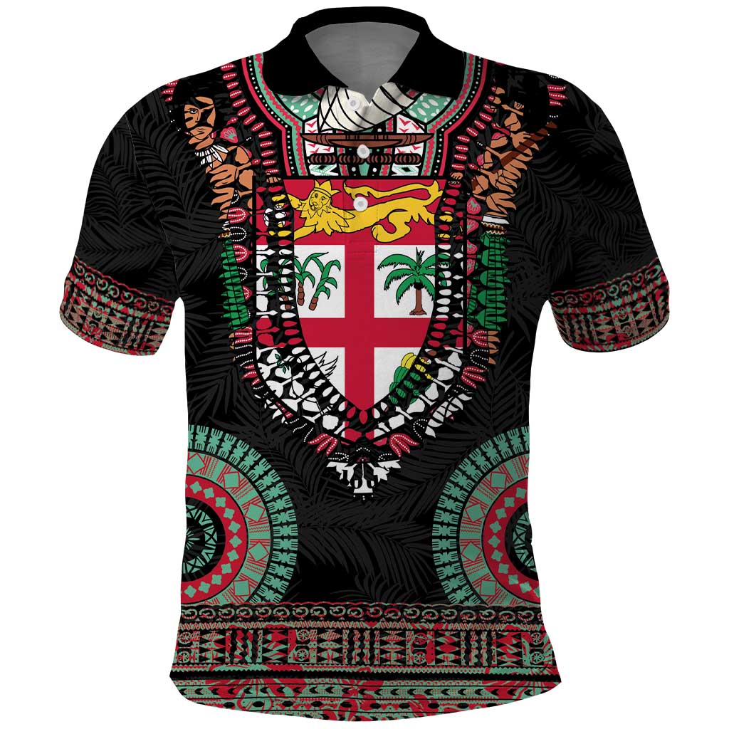Fiji Coat of Arms Traditional Dashiki Polo Shirt Tapa Art and Palm Leaves Pattern Black Color LT03 Black - Polynesian Pride