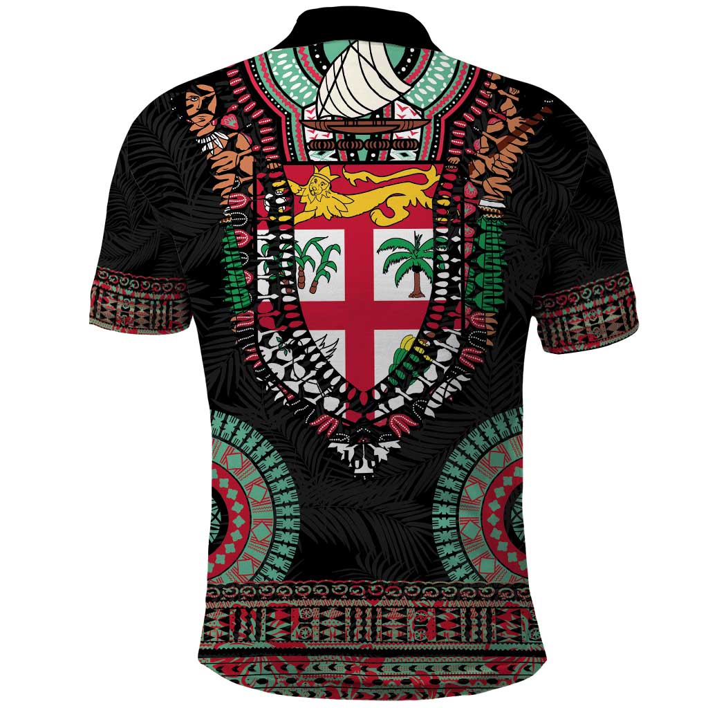 Fiji Coat of Arms Traditional Dashiki Polo Shirt Tapa Art and Palm Leaves Pattern Black Color LT03 - Polynesian Pride