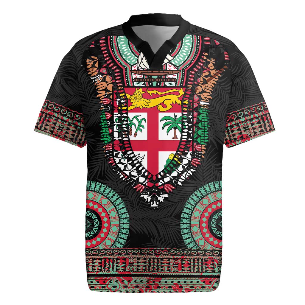 Fiji Coat of Arms Traditional Dashiki Rugby Jersey Tapa Art and Palm Leaves Pattern Black Color LT03 Black - Polynesian Pride