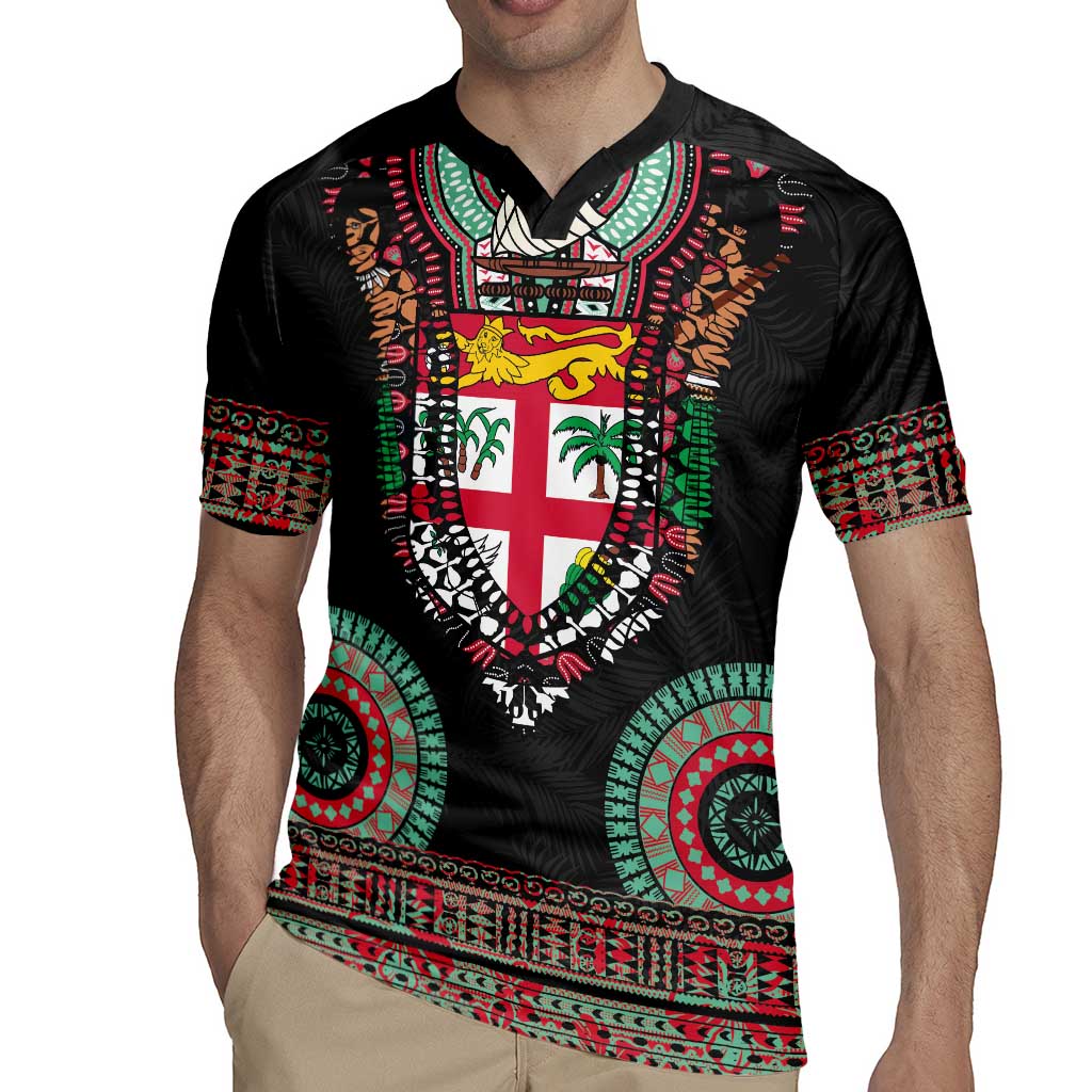 Fiji Coat of Arms Traditional Dashiki Rugby Jersey Tapa Art and Palm Leaves Pattern Black Color LT03 - Polynesian Pride