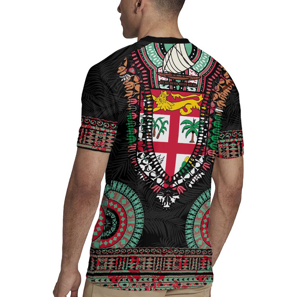 Fiji Coat of Arms Traditional Dashiki Rugby Jersey Tapa Art and Palm Leaves Pattern Black Color LT03 - Polynesian Pride