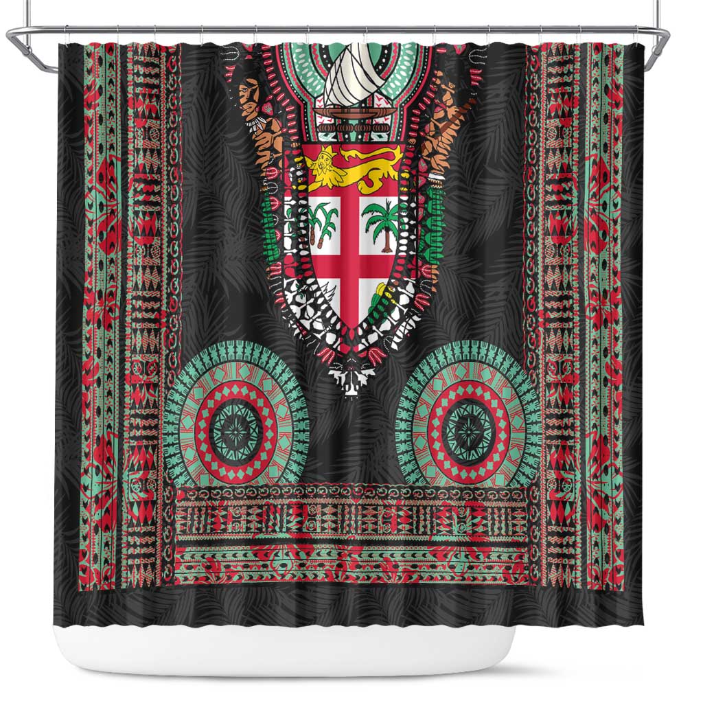 Fiji Coat of Arms Traditional Dashiki Shower Curtain Tapa Art and Palm Leaves Pattern Black Color LT03 Black - Polynesian Pride