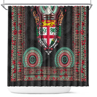 Fiji Coat of Arms Traditional Dashiki Shower Curtain Tapa Art and Palm Leaves Pattern Black Color LT03 Black - Polynesian Pride