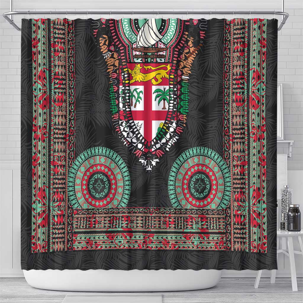 Fiji Coat of Arms Traditional Dashiki Shower Curtain Tapa Art and Palm Leaves Pattern Black Color LT03 - Polynesian Pride