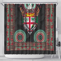 Fiji Coat of Arms Traditional Dashiki Shower Curtain Tapa Art and Palm Leaves Pattern Black Color LT03 - Polynesian Pride