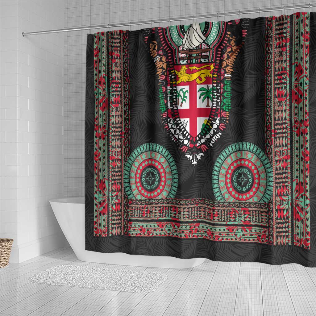 Fiji Coat of Arms Traditional Dashiki Shower Curtain Tapa Art and Palm Leaves Pattern Black Color LT03 - Polynesian Pride