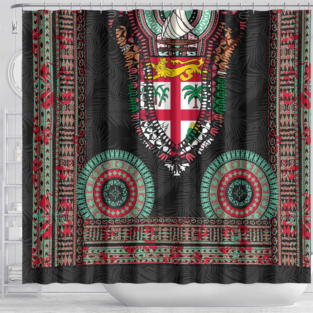 Fiji Coat of Arms Traditional Dashiki Shower Curtain Tapa Art and Palm Leaves Pattern Black Color LT03 - Polynesian Pride
