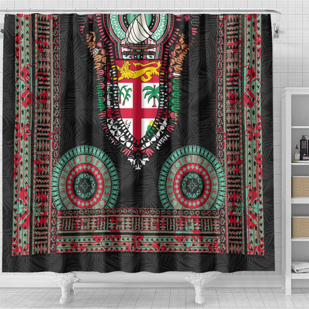 Fiji Coat of Arms Traditional Dashiki Shower Curtain Tapa Art and Palm Leaves Pattern Black Color LT03 - Polynesian Pride