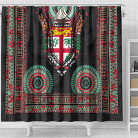 Fiji Coat of Arms Traditional Dashiki Shower Curtain Tapa Art and Palm Leaves Pattern Black Color LT03 - Polynesian Pride