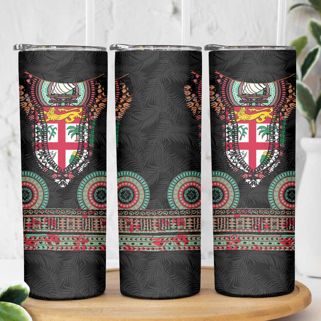 Fiji Coat of Arms Traditional Dashiki Skinny Tumbler Tapa Art and Palm Leaves Pattern Black Color LT03 - Polynesian Pride