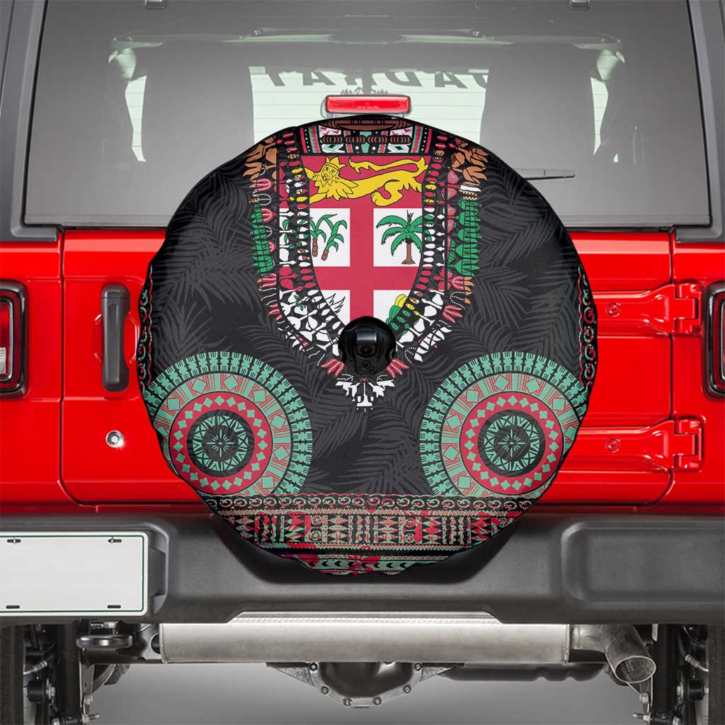 Fiji Coat of Arms Traditional Dashiki Spare Tire Cover Tapa Art and Palm Leaves Pattern Black Color LT03 - Polynesian Pride
