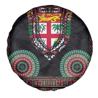 Fiji Coat of Arms Traditional Dashiki Spare Tire Cover Tapa Art and Palm Leaves Pattern Black Color LT03 - Polynesian Pride