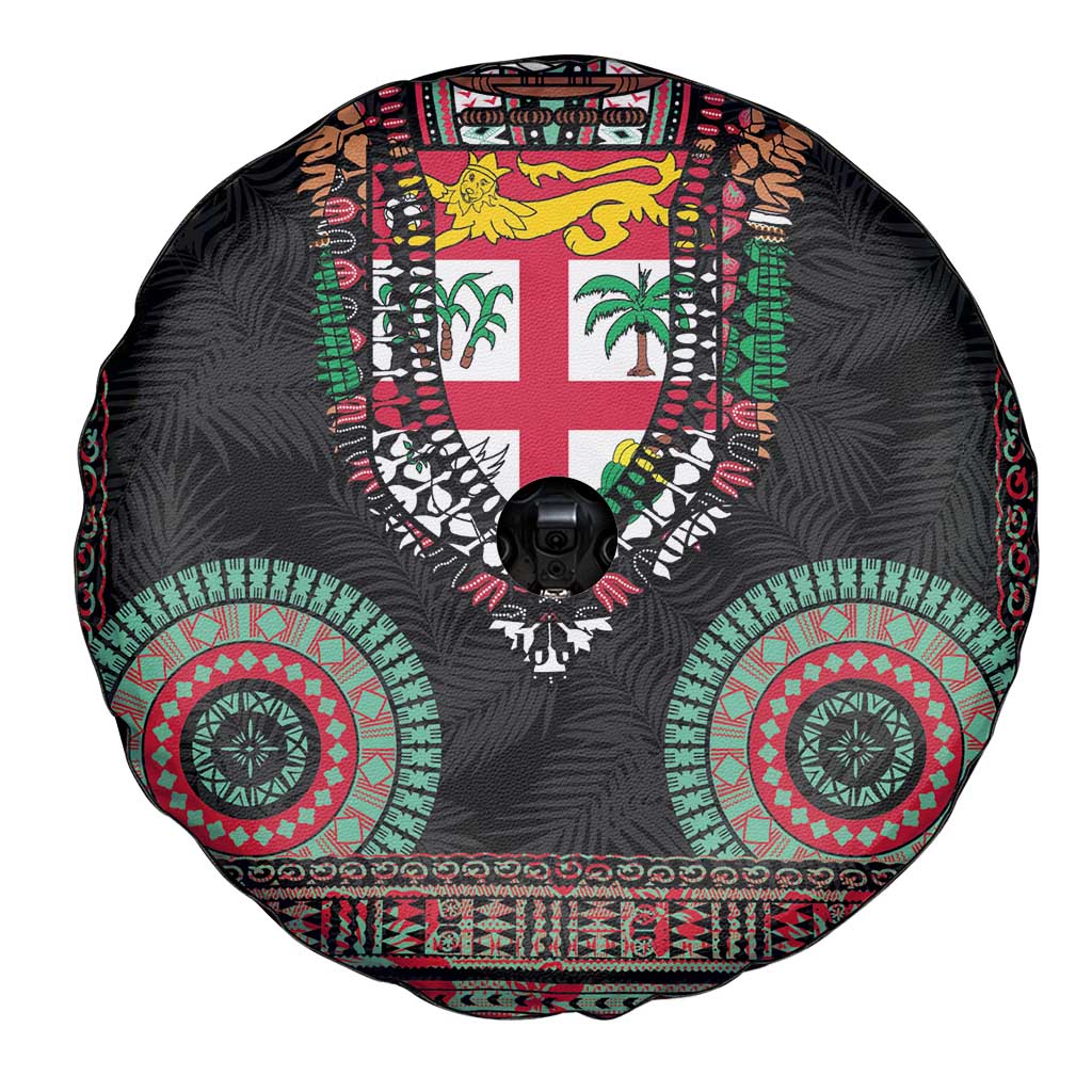 Fiji Coat of Arms Traditional Dashiki Spare Tire Cover Tapa Art and Palm Leaves Pattern Black Color LT03 - Polynesian Pride