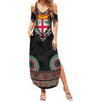 Fiji Coat of Arms Traditional Dashiki Summer Maxi Dress Tapa Art and Palm Leaves Pattern Black Color LT03 Women Black - Polynesian Pride