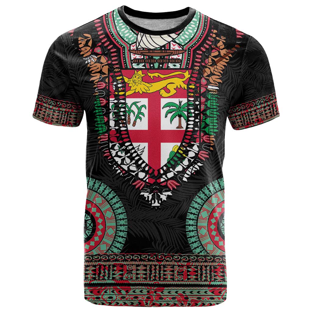 Fiji Coat of Arms Traditional Dashiki T Shirt Tapa Art and Palm Leaves Pattern Black Color LT03 Black - Polynesian Pride