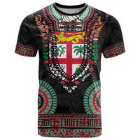 Fiji Coat of Arms Traditional Dashiki T Shirt Tapa Art and Palm Leaves Pattern Black Color LT03 Black - Polynesian Pride