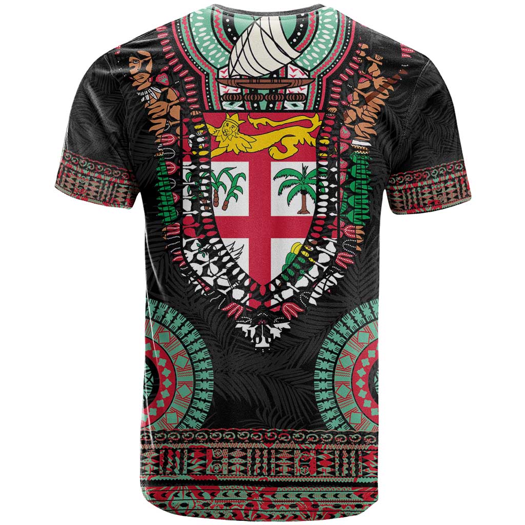 Fiji Coat of Arms Traditional Dashiki T Shirt Tapa Art and Palm Leaves Pattern Black Color LT03 - Polynesian Pride
