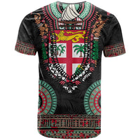 Fiji Coat of Arms Traditional Dashiki T Shirt Tapa Art and Palm Leaves Pattern Black Color LT03 - Polynesian Pride