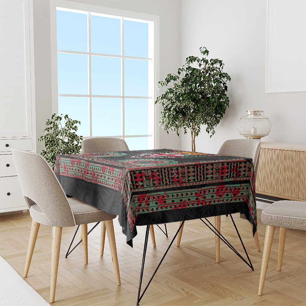 Fiji Coat of Arms Traditional Dashiki Tablecloth Tapa Art and Palm Leaves Pattern Black Color - Polynesian Pride