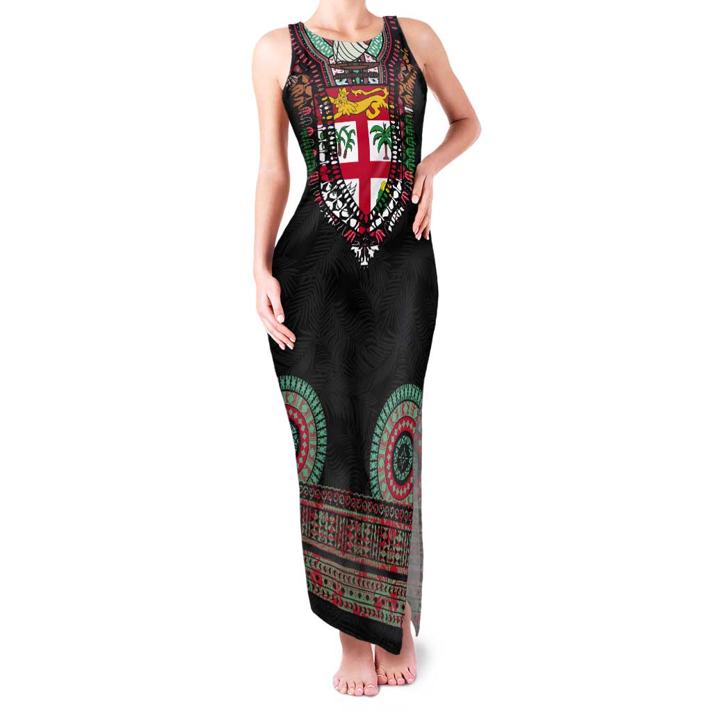Fiji Coat of Arms Traditional Dashiki Tank Maxi Dress Tapa Art and Palm Leaves Pattern Black Color LT03 Women Black - Polynesian Pride