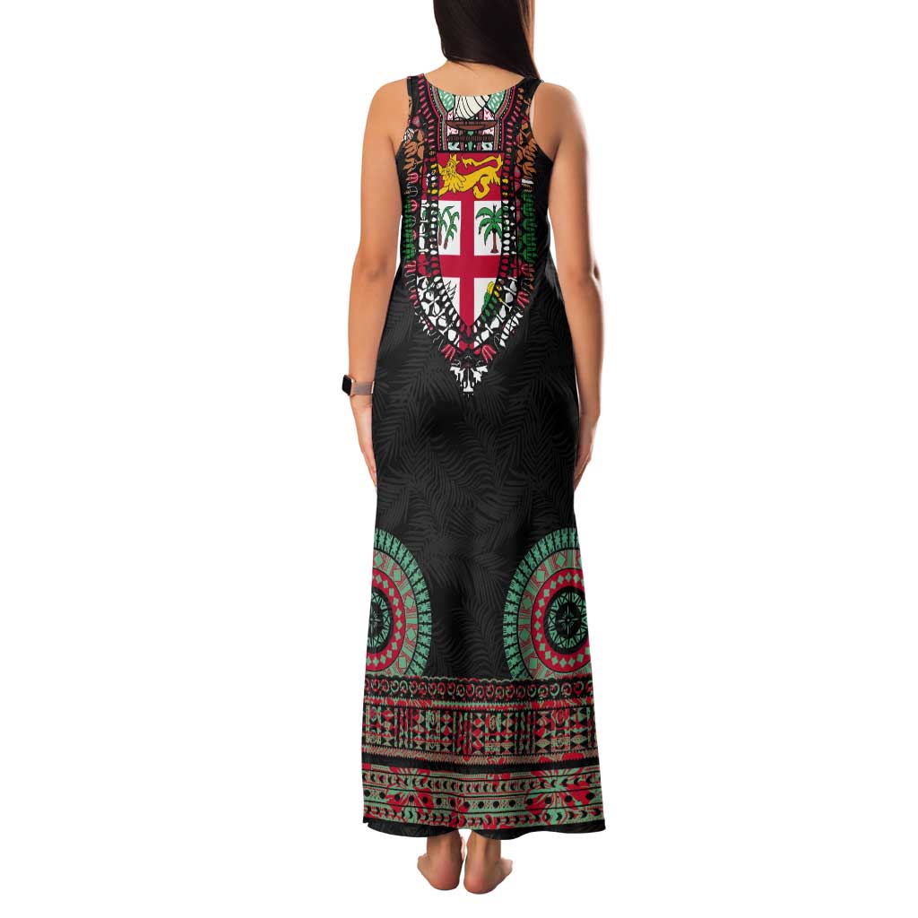 Fiji Coat of Arms Traditional Dashiki Tank Maxi Dress Tapa Art and Palm Leaves Pattern Black Color LT03 - Polynesian Pride