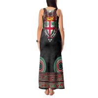 Fiji Coat of Arms Traditional Dashiki Tank Maxi Dress Tapa Art and Palm Leaves Pattern Black Color LT03 - Polynesian Pride