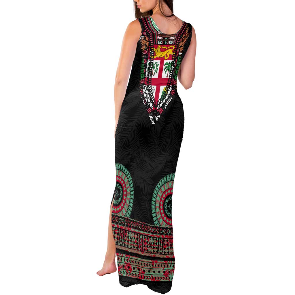 Fiji Coat of Arms Traditional Dashiki Tank Maxi Dress Tapa Art and Palm Leaves Pattern Black Color LT03 - Polynesian Pride