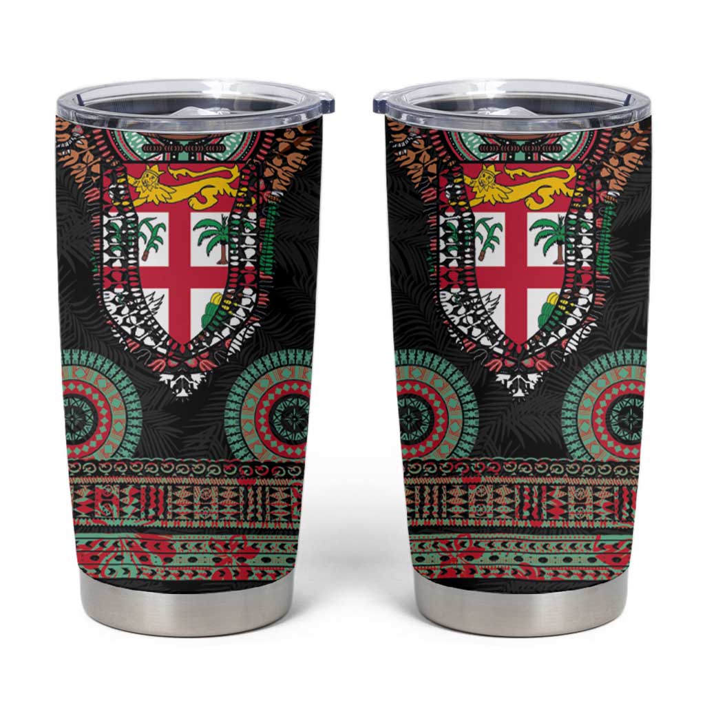 Fiji Coat of Arms Traditional Dashiki Tumbler Cup Tapa Art and Palm Leaves Pattern Black Color LT03 Black - Polynesian Pride