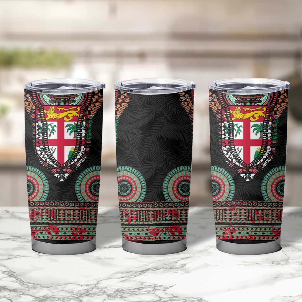 Fiji Coat of Arms Traditional Dashiki Tumbler Cup Tapa Art and Palm Leaves Pattern Black Color LT03 - Polynesian Pride