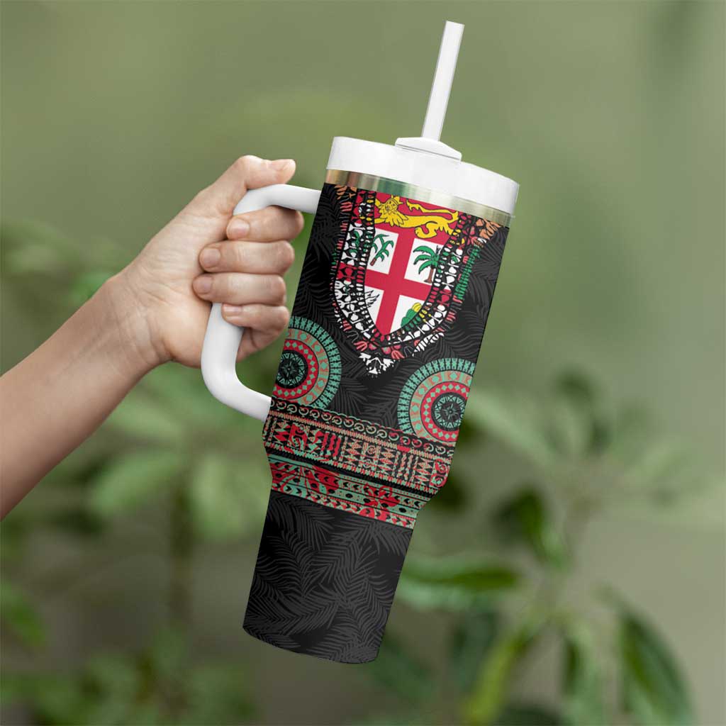 Fiji Coat of Arms Traditional Dashiki Tumbler With Handle Tapa Art and Palm Leaves Pattern Black Color LT03 - Polynesian Pride