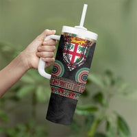 Fiji Coat of Arms Traditional Dashiki Tumbler With Handle Tapa Art and Palm Leaves Pattern Black Color LT03 - Polynesian Pride
