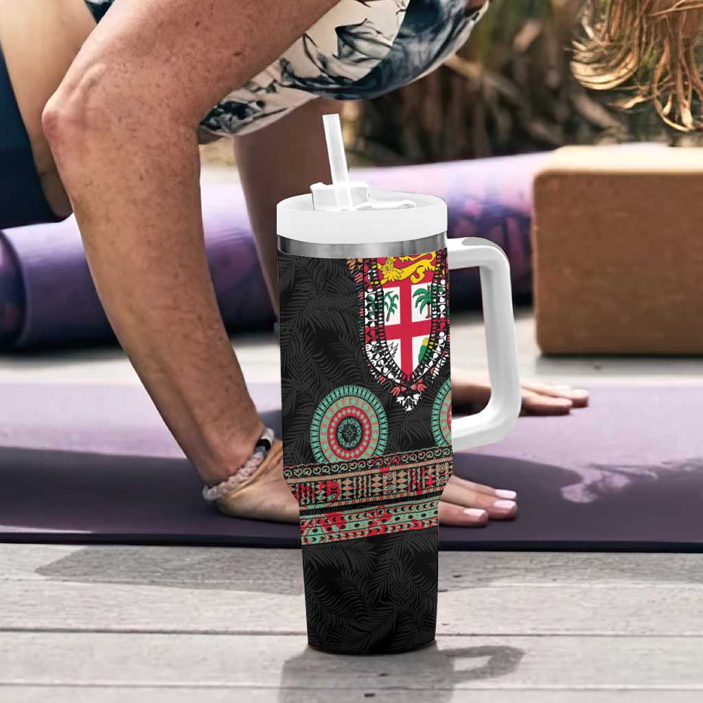 Fiji Coat of Arms Traditional Dashiki Tumbler With Handle Tapa Art and Palm Leaves Pattern Black Color LT03 - Polynesian Pride
