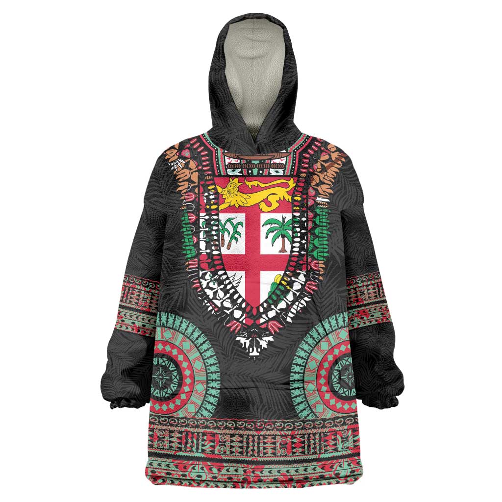 Fiji Coat of Arms Traditional Dashiki Wearable Blanket Hoodie Tapa Art and Palm Leaves Pattern Black Color LT03 One Size Black - Polynesian Pride
