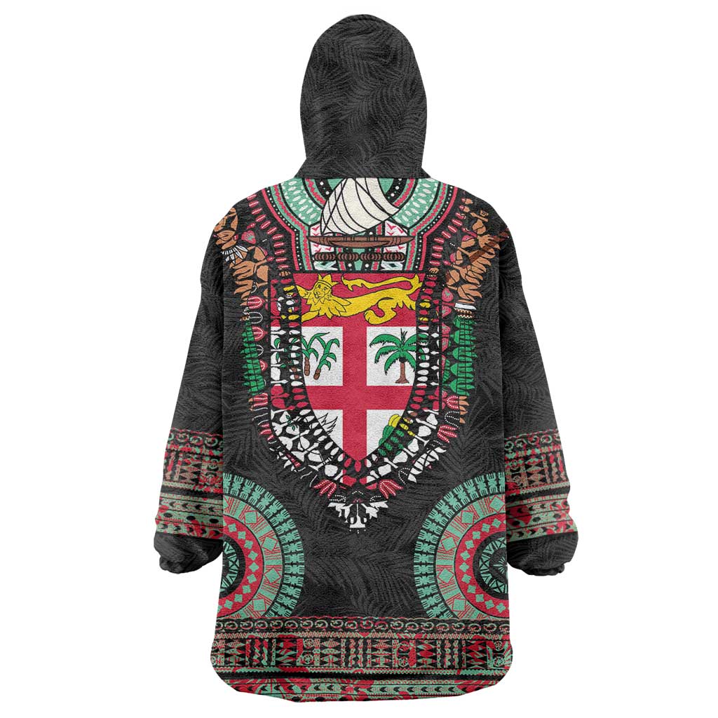 Fiji Coat of Arms Traditional Dashiki Wearable Blanket Hoodie Tapa Art and Palm Leaves Pattern Black Color LT03 - Polynesian Pride