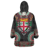 Fiji Coat of Arms Traditional Dashiki Wearable Blanket Hoodie Tapa Art and Palm Leaves Pattern Black Color LT03 - Polynesian Pride
