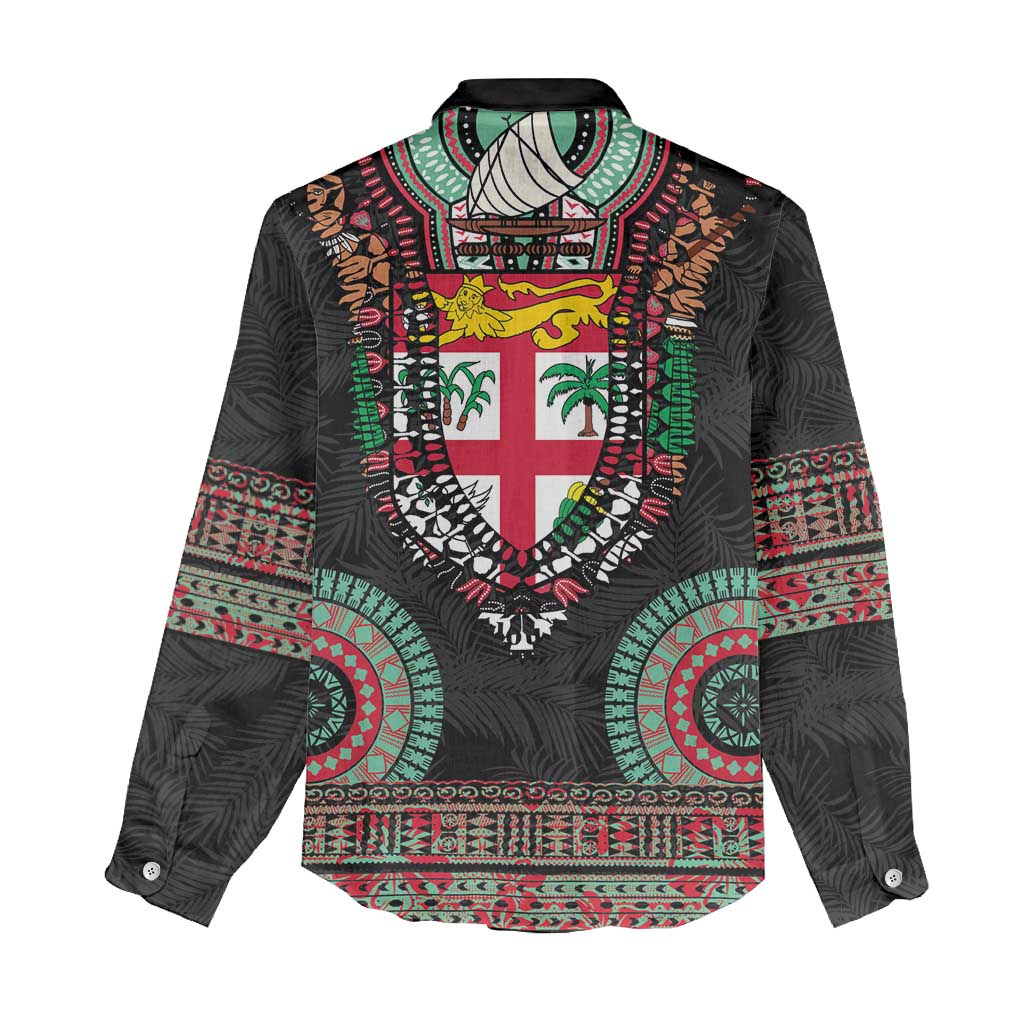 Fiji Coat of Arms Traditional Dashiki Women Casual Shirt Tapa Art and Palm Leaves Pattern Black Color LT03 - Polynesian Pride