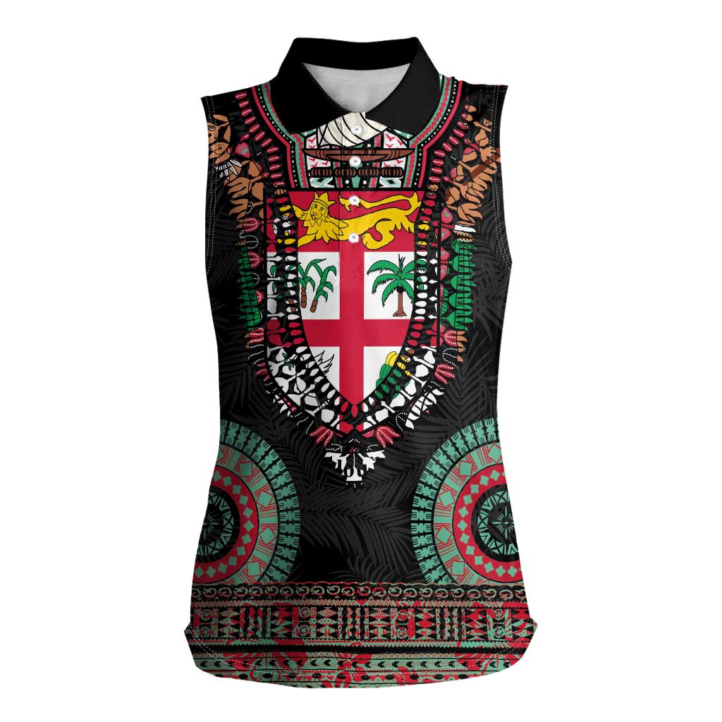 Fiji Coat of Arms Traditional Dashiki Women Sleeveless Polo Shirt Tapa Art and Palm Leaves Pattern Black Color LT03 Female Black - Polynesian Pride
