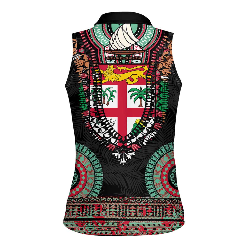 Fiji Coat of Arms Traditional Dashiki Women Sleeveless Polo Shirt Tapa Art and Palm Leaves Pattern Black Color LT03 - Polynesian Pride