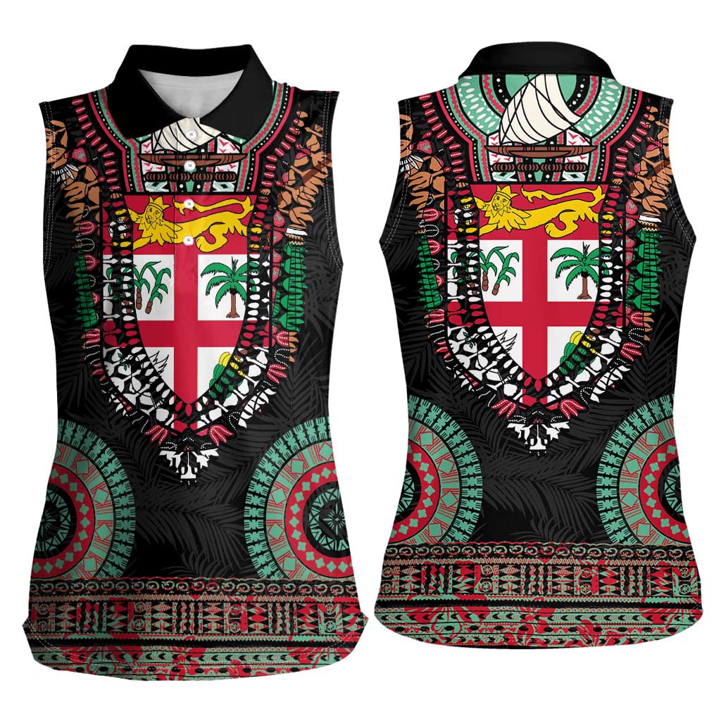 Fiji Coat of Arms Traditional Dashiki Women Sleeveless Polo Shirt Tapa Art and Palm Leaves Pattern Black Color LT03 - Polynesian Pride