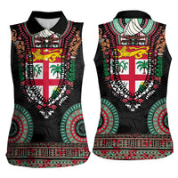 Fiji Coat of Arms Traditional Dashiki Women Sleeveless Polo Shirt Tapa Art and Palm Leaves Pattern Black Color LT03 - Polynesian Pride