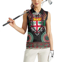 Fiji Coat of Arms Traditional Dashiki Women Sleeveless Polo Shirt Tapa Art and Palm Leaves Pattern Black Color LT03 - Polynesian Pride